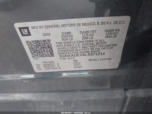 2020 Chevrolet Equinox Awd Lt 1.5l Turbo მანქანა იყიდება აუქციონზე, vin: 3GNAXUEV0LS571214, აუქციონის ნომერი: 46032811