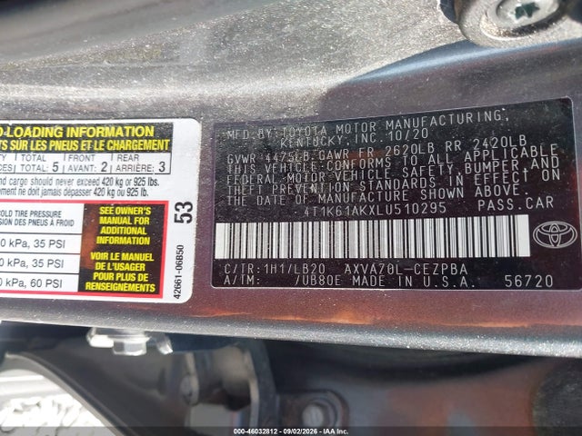 46032812 :رقم المزاد ، 4T1K61AKXLU510295 vin ، 2020 Toyota Camry Xse مزاد بيع