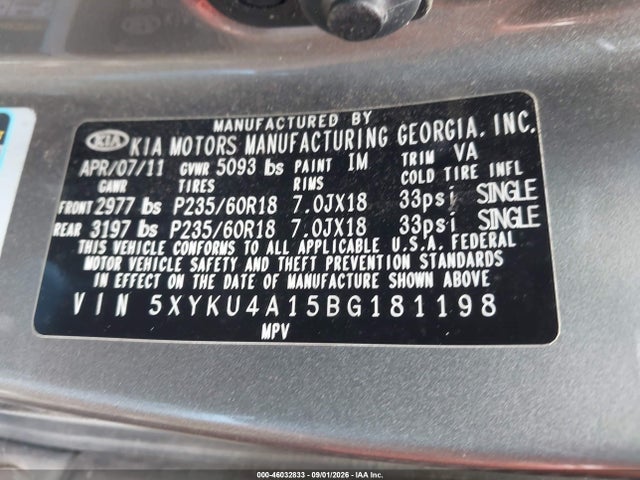 Aukcja sprzedaży 2011 Kia Sorento Ex, vin: 5XYKU4A15BG181198, numer aukcji: 46032833