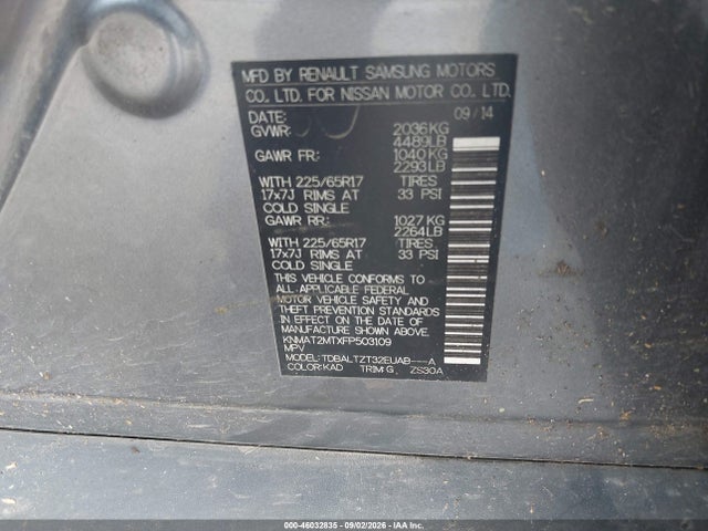 2015 Nissan Rogue Sv მანქანა იყიდება აუქციონზე, vin: KNMAT2MTXFP503109, აუქციონის ნომერი: 46032835