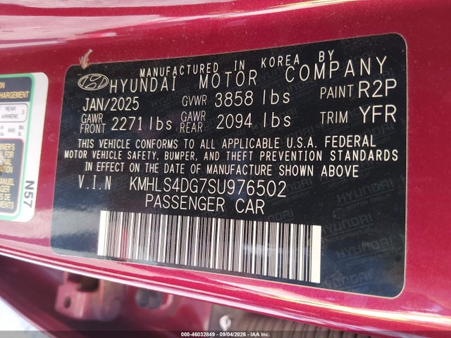 2025 Hyundai Elantra Sel Convenience მანქანა იყიდება აუქციონზე, vin: KMHLS4DG7SU976502, აუქციონის ნომერი: 46032849