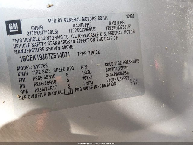 46032850 :رقم المزاد ، 1GCEK19J67Z514071 vin ، 2007 Chevrolet Silverado 1500 Ltz مزاد بيع