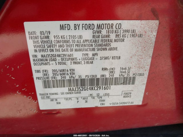 Aukcja sprzedaży 2019 Ford Ecosport Se, vin: MAJ3S2GE4KC291601, numer aukcji: 46032851