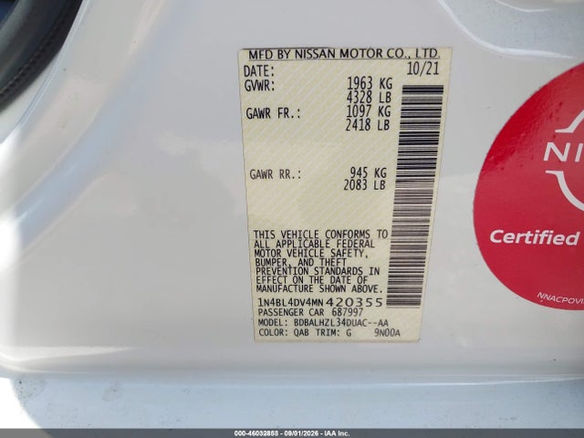 Продаж на аукціоні авто 2021 Nissan Altima Sv Fwd, vin: 1N4BL4DV4MN420355, номер лоту: 46032853