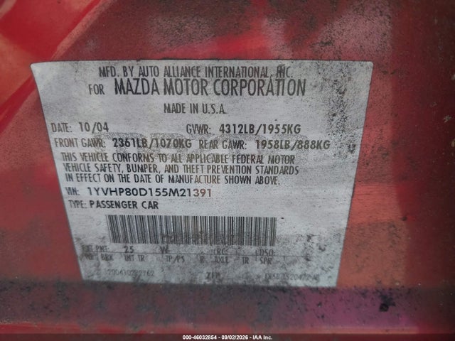 46032854 :رقم المزاد ، 1YVHP80D155M21391 vin ، 2005 Mazda Mazda6 S Sport مزاد بيع