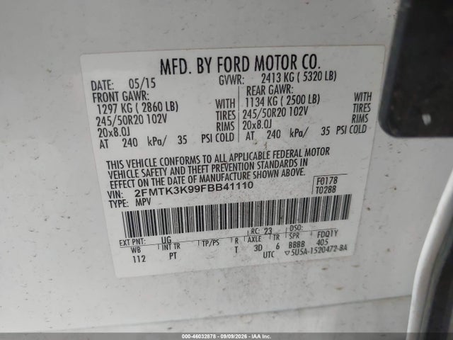 Auction sale of the 2015 Ford Edge Titanium, vin: 2FMTK3K99FBB41110, lot number: 46032878