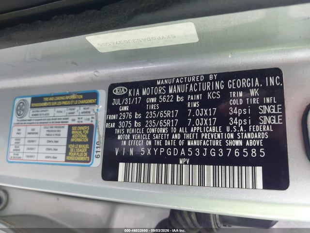 Auction sale of the 2018 Kia Sorento 3.3l Lx, vin: 5XYPGDA53JG376585, lot number: 46032890