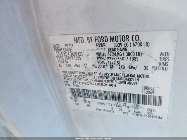 46032893 :رقم المزاد ، 1FTEX1CM7BKE20464 vin ، 2011 Ford F-150 Stx/xl/xlt مزاد بيع
