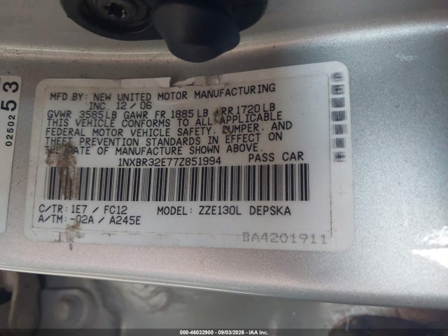 2007 Toyota Corolla S მანქანა იყიდება აუქციონზე, vin: 1NXBR32E77Z851994, აუქციონის ნომერი: 46032900