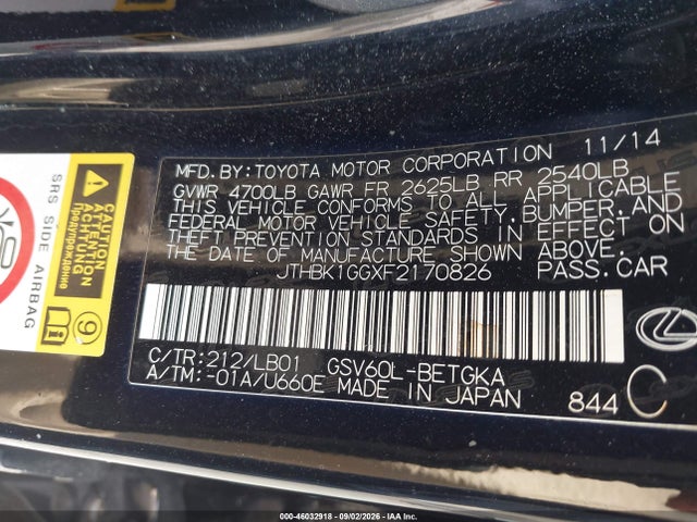 46032918 :رقم المزاد ، JTHBK1GGXF2170826 vin ، 2015 Lexus Es 350 مزاد بيع
