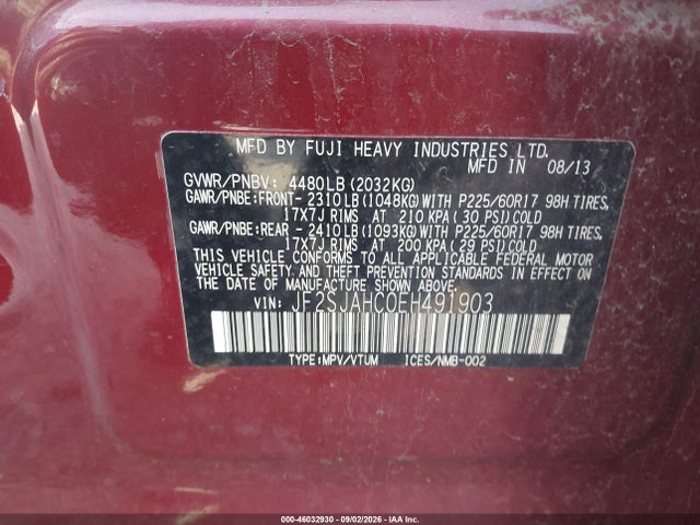 2014 Subaru Forester 2.5i Limited მანქანა იყიდება აუქციონზე, vin: JF2SJAHC0EH491903, აუქციონის ნომერი: 46032930