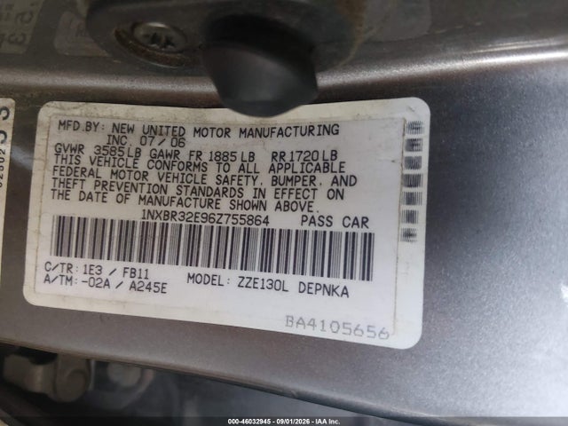 Продаж на аукціоні авто 2006 Toyota Corolla Le, vin: 1NXBR32E96Z755864, номер лоту: 46032945