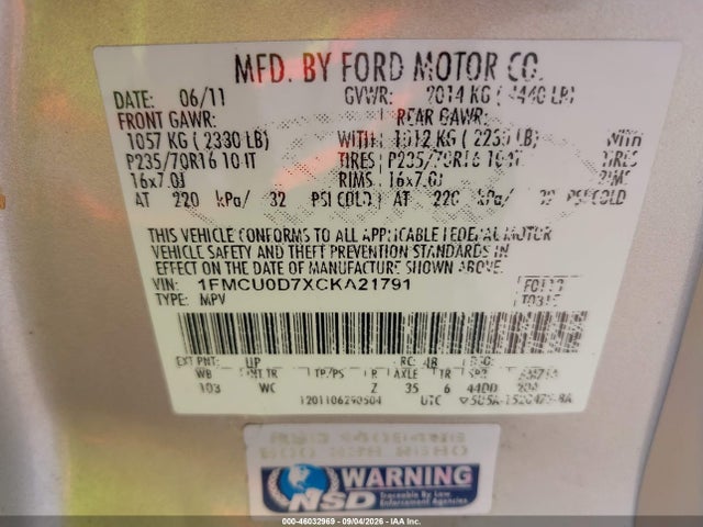 Продажа на аукционе авто 2012 Ford Escape Xlt, vin: 1FMCU0D7XCKA21791, номер лота: 46032969