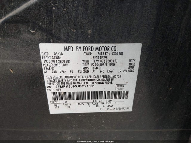 2018 Ford Edge Sel მანქანა იყიდება აუქციონზე, vin: 2FMPK3J95JBC21001, აუქციონის ნომერი: 46032982