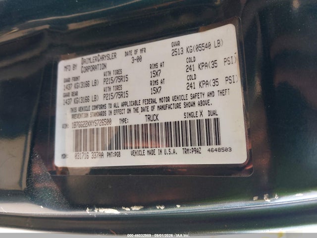 Aukcja sprzedaży 2000 Dodge Dakota Slt/sport, vin: 1B7GG22XXYS726500, numer aukcji: 46032989