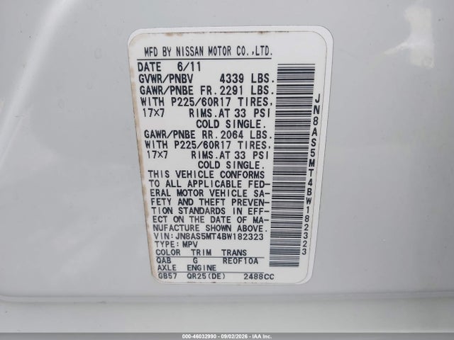 Aukcja sprzedaży 2011 Nissan Rogue Sv, vin: JN8AS5MT4BW182323, numer aukcji: 46032990