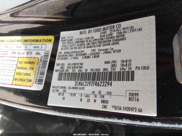Продажа на аукционе авто 2015 Lincoln Mkz, vin: 3LN6L2J92FR623294, номер лота: 46032991