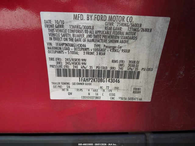 46033005 :رقم المزاد ، 1FAHP2KT0BG143046 vin ، 2011 Ford Taurus Sho مزاد بيع