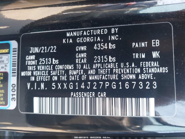 2023 Kia K5 Lxs მანქანა იყიდება აუქციონზე, vin: 5XXG14J27PG167323, აუქციონის ნომერი: 46033015