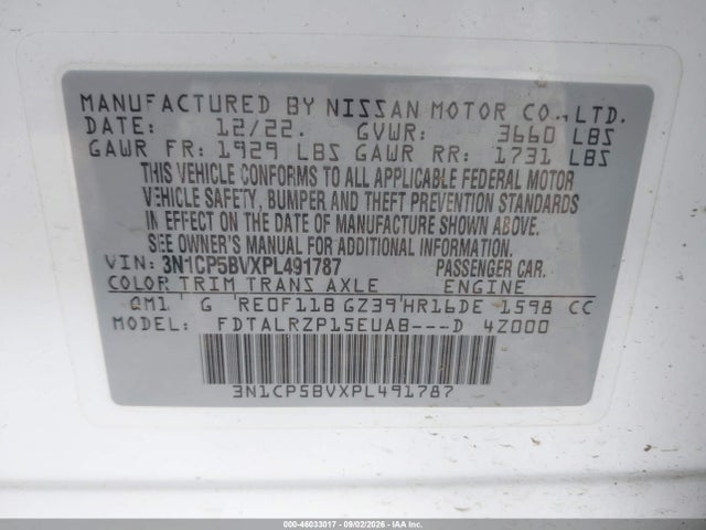 Aukcja sprzedaży 2023 Nissan Kicks S Xtronic Cvt, vin: 3N1CP5BVXPL491787, numer aukcji: 46033017
