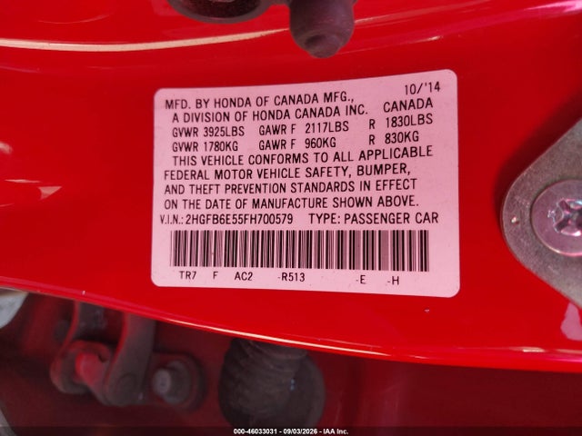 Продаж на аукціоні авто 2015 Honda Civic Si, vin: 2HGFB6E55FH700579, номер лоту: 46033031