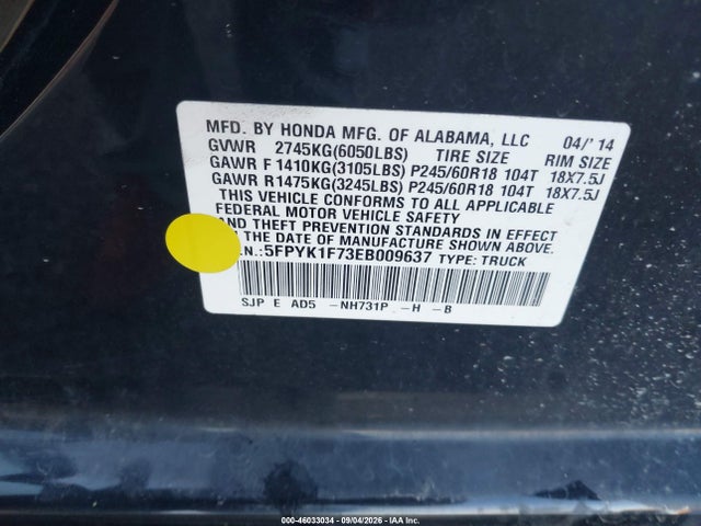 Honda Ridgeline Sport 2014 5FPYK1F73EB009637 Image 9