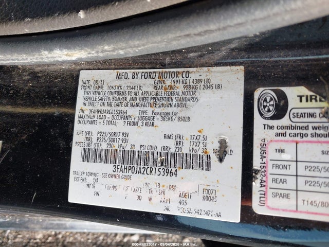 Продажа на аукционе авто 2012 Ford Fusion Sel, vin: 3FAHP0JA2CR153964, номер лота: 46033047