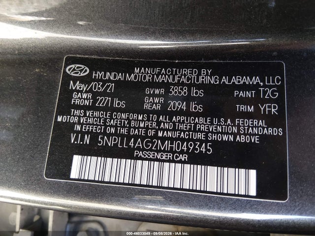 Aukcja sprzedaży 2021 Hyundai Elantra Se, vin: 5NPLL4AG2MH049345, numer aukcji: 46033049