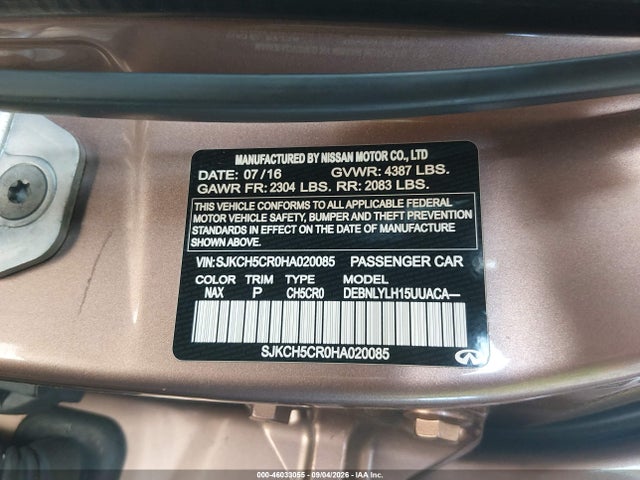46033055 :رقم المزاد ، SJKCH5CR0HA020085 vin ، 2017 Infiniti Qx30 Premium مزاد بيع