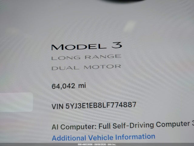 Aukcja sprzedaży 2020 Tesla Model 3 Long Range Dual Motor All-wheel Drive, vin: 5YJ3E1EB8LF774887, numer aukcji: 46033056