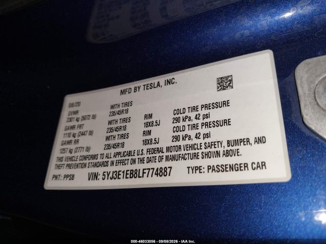 Aukcja sprzedaży 2020 Tesla Model 3 Long Range Dual Motor All-wheel Drive, vin: 5YJ3E1EB8LF774887, numer aukcji: 46033056