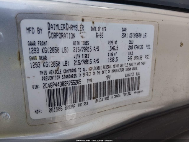 Aukcja sprzedaży 2002 Chrysler Town & Country Lx, vin: 2C4GP44382R755265, numer aukcji: 46033067