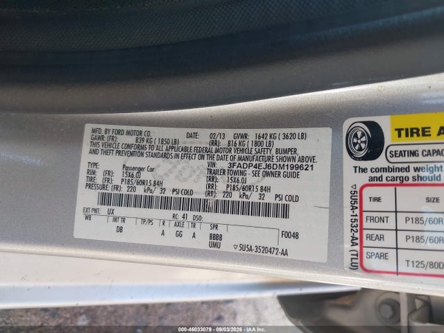2013 Ford Fiesta Se მანქანა იყიდება აუქციონზე, vin: 3FADP4EJ6DM199621, აუქციონის ნომერი: 46033079