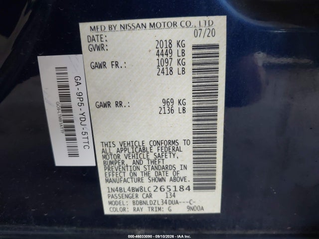 46033090 :رقم المزاد ، 1N4BL4BW8LC265184 vin ، 2020 Nissan Altima S Intelligent Awd مزاد بيع