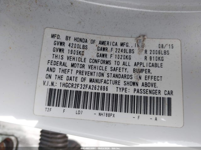 Продажа на аукционе авто 2015 Honda Accord Lx, vin: 1HGCR2F32FA262896, номер лота: 46033091