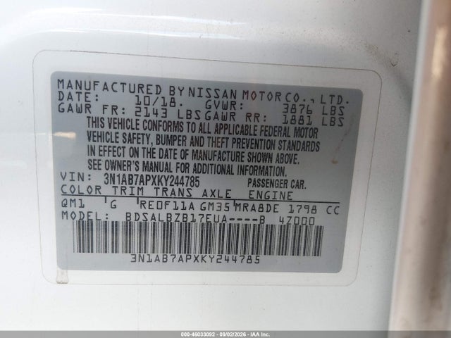 Nissan SENTRA S 2019 3N1AB7APXKY244785 Image 9