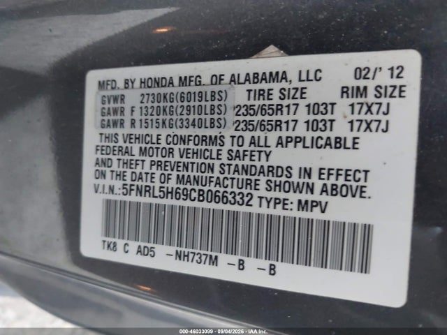 Aukcja sprzedaży 2012 Honda Odyssey Ex-l, vin: 5FNRL5H69CB066332, numer aukcji: 46033099