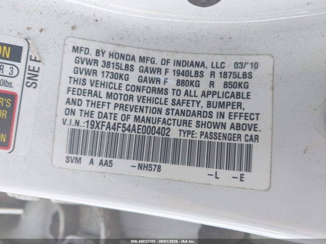 46033102 :رقم المزاد ، 19XFA4F54AE000402 vin ، 2010 Honda Civic Gx مزاد بيع