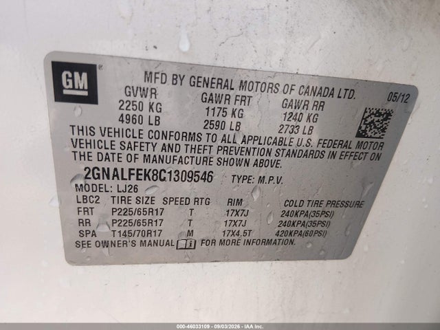 46033109 :رقم المزاد ، 2GNALFEK8C1309546 vin ، 2012 Chevrolet Equinox Ltz مزاد بيع