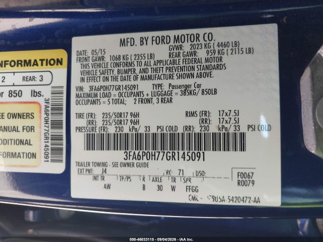 46033115 :رقم المزاد ، 3FA6P0H77GR145091 vin ، 2016 Ford Fusion Se مزاد بيع