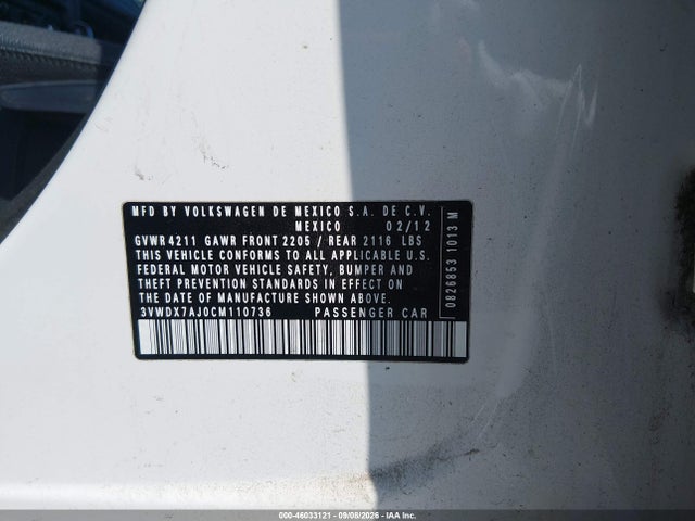 46033121 :رقم المزاد ، 3VWDX7AJ0CM110736 vin ، 2012 Volkswagen Jetta 2.5l Se مزاد بيع