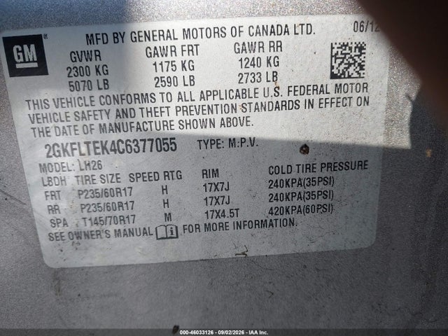 Продаж на аукціоні авто 2012 Gmc Terrain Sle-2, vin: 2GKFLTEK4C6377055, номер лоту: 46033126