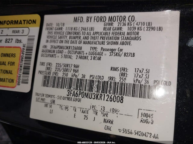 Продажа на аукционе авто 2019 Ford Fusion Hybrid Sel, vin: 3FA6P0MU3KR126008, номер лота: 46033129