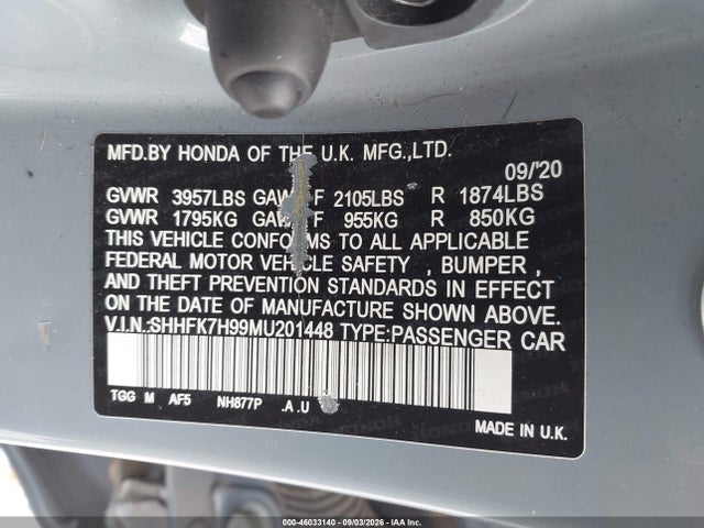 Продаж на аукціоні авто 2021 Honda Civic Sport Touring, vin: SHHFK7H99MU201448, номер лоту: 46033140