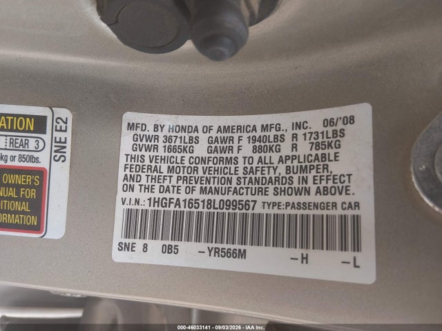 46033141 :رقم المزاد ، 1HGFA16518L099567 vin ، 2008 Honda Civic Lx مزاد بيع