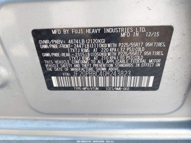 46033142 :رقم المزاد ، JF2GPBBC4GH243823 vin ، 2016 Subaru Crosstrek Hybrid مزاد بيع