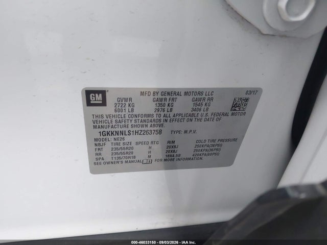 46033150 :رقم المزاد ، 1GKKNNLS1HZ263758 vin ، 2017 Gmc Acadia Slt-2 مزاد بيع