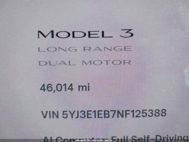 Продажа на аукционе авто 2022 Tesla Model 3 Long Range Dual Motor All-wheel Drive, vin: 5YJ3E1EB7NF125388, номер лота: 46033164