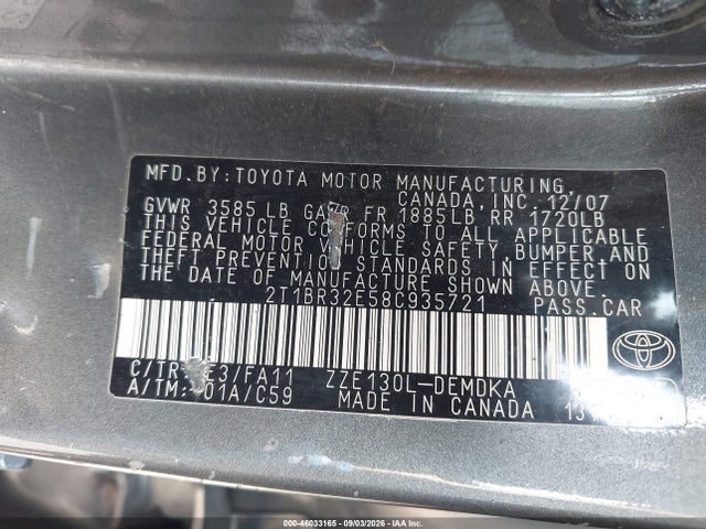 46033165 :رقم المزاد ، 2T1BR32E58C935721 vin ، 2008 Toyota Corolla Ce مزاد بيع
