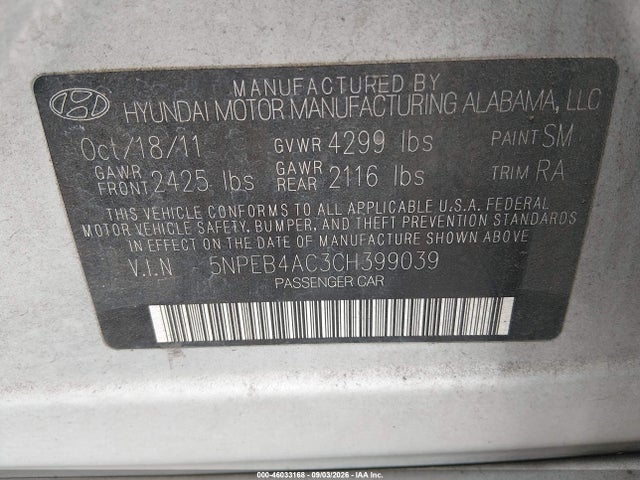 Auction sale of the 2012 Hyundai Sonata Gls, vin: 5NPEB4AC3CH399039, lot number: 46033168